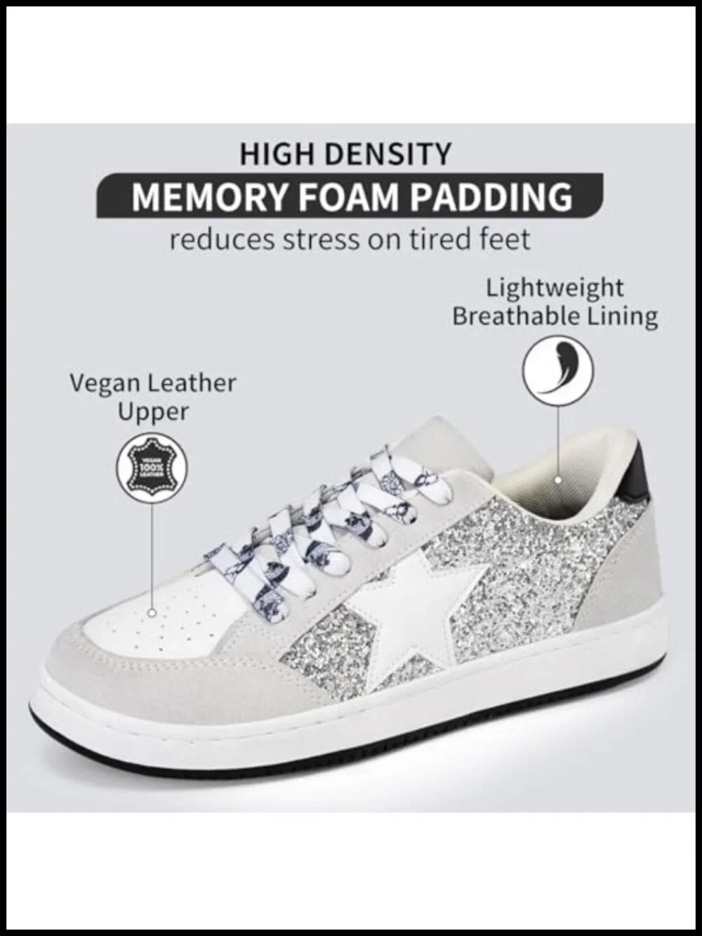 Sparkly Star Fashion Sneakers Glitter Non Slip Retro Leather Lace Up Walking